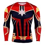 スーパーヒーロー 3D スリムフィット 速乾性 ストレッチ スポーツ コスプレ Tシャツ (S, Captain Marvel 長袖 1)