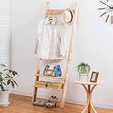 【天然木のナチュラルな風合いが魅力】 立て掛け式 コートハンガー 2段棚 設置や移動が簡単 ナチュラル色