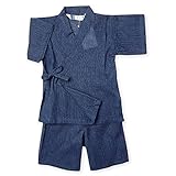 (ネイビー/90cm) ベビー服 男の子 甚平 綿100％ 縞柄 和調 上下組セット 男児 ベビー