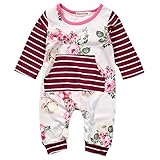 ベビー　ガールズ　長袖　ロンパース　ストライプ　フラワー　パターン　カバーオール　ポケットつき　ローズ (80, ローズ)