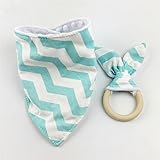 2枚セット オーガニックコットン/歯固め木製リング 赤ちゃんのトライアングル よだれかけ /シェブロン バンダナ ママ授乳ジュエリー お手てにピッタリブレスレット[食品レベル][BPAフリー]ブルー 