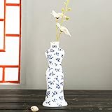 TOPmountain ブルーホワイトポーセリン チョンサム花瓶 中国の花の花が描か 彫刻像セラミック ホームデコレーション
