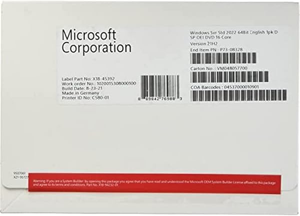Microsoft Windows Server 2022 標準64ビットライセンス - 16コア - OEM - DVD - 1