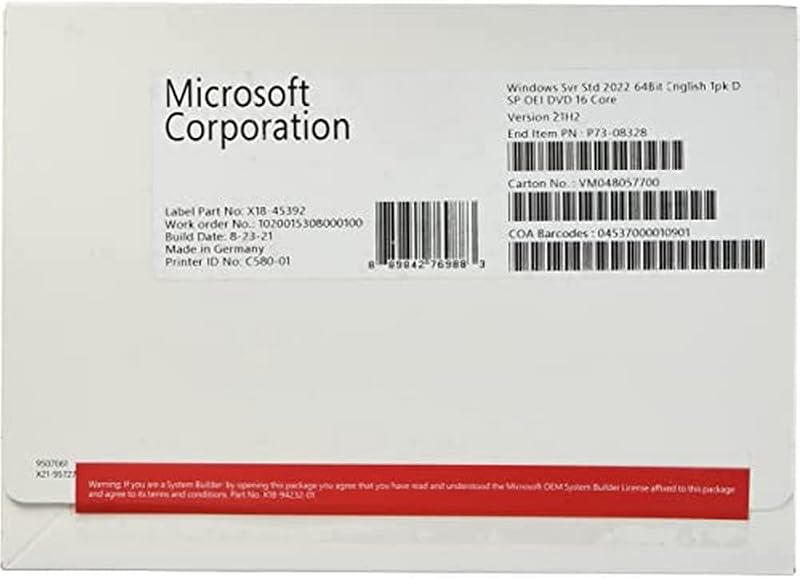 Microsoft Windows Server 2022 標準64ビットライセンス - 16コア - OEM - DVD