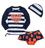 Cuteshower 子供水着 ボーダー柄 長袖 セパレート水着 女の子 3点セット ブルー 12T