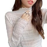 [PALAME] シアー トップス 総レース シースルー レディース 春 秋 絶妙な透け感・肌見せ・重ね着・着回し力 高伸縮 ブラウス チュール メロー加工 ハイネック インナー 軽量 薄手 長袖 花柄 春 夏 秋 (プリーツーホワイト)