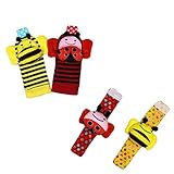 ThinkMax 4pcs動物赤ちゃんWrist Rattles and足ファインダーセットDevelopmentalソフトおもちゃ – Bee and Ladybug