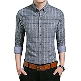 Gaosa メンズ お洒落 チェック柄 ワイシャツ ボタンダウン 長袖 折り襟 着回し カジュアル ビジネス スリム ドレスシャツ 父の日ギフト (M, グレー)