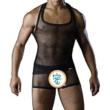 FASHOKAKO メンズ セクシー メッシュ ノースリーブ ボクサー パンツ ブラック セット