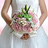 おしゃれ　ブライダルブーケ 造花　ブライダルフラワー　ウェディングブーケ　花嫁ブーケ　ラウンドブーケ 造花　百合　結婚式　ニ次会　撮影　披露宴　部屋の飾り　最適　ピンク