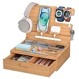 Pezin & Hulin 誕生日プレゼント 竹製ドッキングステーション 誕生日プレゼント デスク周りの整理整頓 卓上収納 引き 出し付便利ガジェットき スマホスタンド 財布、キー、メガネ、腕時計、イヤホンなど収納出来 メンズギフト、父の日、記念日贈り物として最適 折り畳み式-ブラック