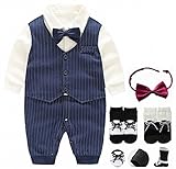 sakura作(サクラサク) 蝶ネクタイ 紺と赤 70 80 90 長袖 記念日 セレモニー お呼ばれ 男の子 ベビー ロンパース (80)