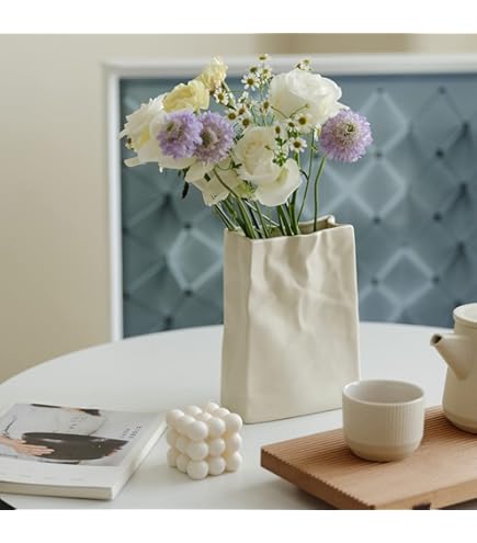 Amazon.co.jp: クリンクル紙袋型 陶器 花瓶 大容量 フラワー