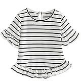 Domybest　子供服　Tシャツ　女の子　ボーダー Tシャツ 可愛い　フリル 半袖Tシャツ　フレアスリーブ　キッズ Tシャツ　トップス 女の子　ガールズ ストライプ　春　夏　通園 通学　日常着　ルー