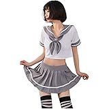 [Lady Lazy] [レディレイジー] セクシー セーラー服 コスプレ 制服 女子高生 へそ出し ミニ スカート うさ耳 スカーフ 半袖 紺色 黒 灰色 仮装 撮影 衣装 胸あき 誘惑 過激 コスチューム