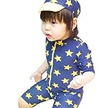 【Buy the world】 紫外線対策に！男の子 キッズ こども ベビー 子供 ラッシュガード 水着 帽子付き 星柄 帽子付き 2点セット 長袖 スイムウェア セパレート (S)