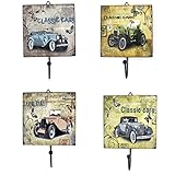 Vintage Feel Home Decor Wooden Classic Cars Theme Square Wall Hanger for Accessory (One set of 4 pie