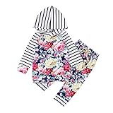 女の子 ベビー服　Karchi 　長袖 　フード付き プリントフラワー　黒白ストライプ　　２点上下セット　カジュアル　上着＋パンツ　　シンプル　70CM－80CM－90CM－100CM（0ヶ月－24ヶ