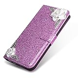 PUレザーケースカバーGalaxy S6 Edge、SevenPandaラグジュアリーダイヤモンドキラキラクリスタルラインストーン 3Dカメリアフローラルパターン宝石プレミアム磁気フリップフォリオスタ