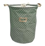 Sasuga 大容量 布製 ランドリー ボックス バスケット 巾着式の ふた付 洗濯かご おもちゃ箱 にも (グリーンドット)