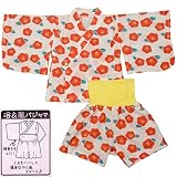 ガールズベビーパジャマ[PETIT CADEAU]浴衣風半袖パジャマ上下セット|花|椿|和柄|梨地|腹巻付きパジャマ|女の子|女児|赤ちゃん 80cm レッド