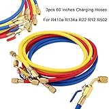 Iglobalbuy 60" HVAC 1/4" SAE 600 PSI W/ Shut Off Ball Valve A/C Refrigerant Charging Hose Yellow+Red