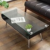 【洗練された空間 曲線美ディスプレイ センターテーブル】 95cm幅 高級感ある木目とガラスの融合 安全な面取り加工済 ガタつき防止 アジャスター付き 曲げ木スタイル ブラック色