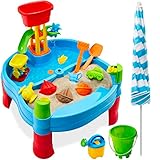 Best Choice Products 子供用 砂 & 水 アウトドア アクティビティ テーブル 子供 2-in-1 プレイセット アクセサリー18個付き 調節可能な傘 120容量