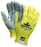 MCR Safety 9686M Grip Sharp Kevlar Shell 10 Gauge Split Leather Palm Gloves with Blue Hem Cuff, Yell
