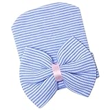 【ノーブランド 品】新生児　幼児　女の子　帽子　ストライプ　ビーニー　ハット　蝶結び　ギフト　全5色 - 青
