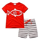 春夏 子供服 キッズ 男の子 ベビー服 上下セット 半袖Tシャツ半ズボン パジャマ 魚柄 赤い　綿　1-7歳