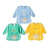 BCSY ベビー キッズ 食事用 防水エプロン 綿 長袖 ポケット付き ３枚セット 男の子・女の子 男女兼用 M L XL XXL (Mサイズ：参考年齢1－2歳, ブルー＋グリーン＋イエローの3色)