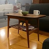 木製リビングテーブル ウォールナット×オーク材 無垢 シンプル 中棚付き コンパクトサイズ ソファテーブル 北欧テイスト レトロ調デザイン