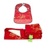 I Frogee Brocade Baby Blanket + Bib Gift Set in Red with Gold Cherry Blossom Print by I Frogee