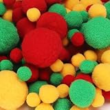 PATIKIL ふわふわポンポン玉 120個セット クラフト用 サイズ混合 アクセサリー制作 衣装デコレーション DIYクラフト材料 装飾用 ぺっト用 イエロー/レッド/緑