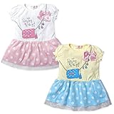 (イエロー/90cm)ベビー服 女の子 ドッキング ワンピース 半袖 ポシェット風プリント Tシャツ リボン チュールレース ドット柄 スカート 女児 ベビー