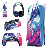 PlayVital ps5コンソール本体（ディスクバージョン）に対応用ステッカーシール、ps5コントローラー＆ヘッドセット＆リモコン&充電ステーションに対応するステッカービニールシール【ネオン ドラグーン】