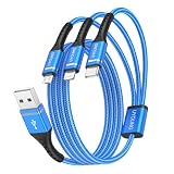 3in1 充電ケーブル 3M 急速充電コード 3 in 1 超高耐久 長い Type C Micro USB 3台同時充電 iPhone Android タイプC 各種対応 青