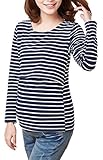 (Miwoluna) マタニティ 授乳服 長袖 トップス シャツ ボーダー ネイビー M