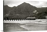 Kickaウィッテプレミアムシックラップキャンバス壁アート印刷題名ハワイ、カウアイ島、Hanalei Bay and pier at sunset、ブラックとホワイト 48" x 32" 140427