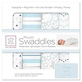SwaddleDesigns Cotton Muslin Swaddle Blankets, Set of 4, Blue Starshine Shimmer