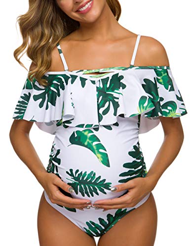 Tempotrek One Piece Maternity Swimsuits Off Shoulder Swimwear Ruched Flounce Swimsuit Plus Size Bathing Suits - Green - Large Tempotrek One Piece Maternity Swimsuits Off Shoulder Swimwear Ruched Flounce Swimsuit Plus Size Bathing Suits - Green - Large