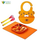 Raymoon ベビー　食事用 　防水 エプロン　食器 　シリコン製　大きいポケット付き ソフトスタイ 可愛い動物柄　食事こぼしキャッチ　持ち運び便利　誕生日　プレゼント　出産祝い　洗濯可　前掛け　袖