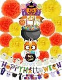 96cocoon ハロウィン飾り付けセット ガーランド3種類 ドアペンダント装飾 壁飾り ペーパーフラワー かぼちゃ SNS映えパーティー デコレーション (オレンジ＆イエロー)
