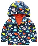 PANCY 子供服 春秋冬 防風 コート フード付き パーカ 立て襟 風抜け 可愛い 恐竜柄 男の子 女の子(90cm,ネイビー)