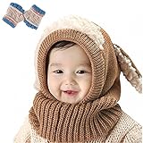子供 用 ニット帽子 うさぎちゃん風 ニット帽 ベビー キッズ 赤ちゃん かわいい ＆色ランダム防寒グローブ あたたかい手袋セットとして (ブラウン)