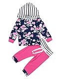 Happyハッピー耳　新生児　女の子　花柄　縞模様　長袖パーカー＆ロングパンツ　上下セット　フード付き　かわいい　春　秋 (70)