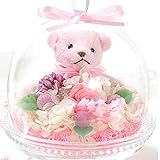 プリザーブドフラワー 花花 ぷち ガラスドーム テディベア (バラ 3輪) 枯れないお花 お祝い プチギフト プレゼント (オリジナルメッセージカード ラッピング 無料対応) ピンク