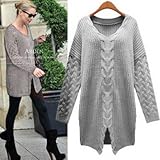 (リリレナ)LiLiRena 3color Ｖネック ケーブル編み ニット チュニック ワンピース (グレー)