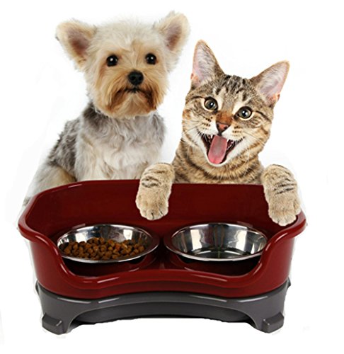 CXYP ペット用食器  こぼれ落ち防止 子犬 猫 エサ入れ 食器 フード 水  スタンド & ボウル セット 皿 ペットボウル  滑り止め ステンレス鋼製 (レッド)